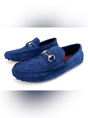 Gucci Men Byorn Horsebit Blue Suede Driver Logo Loafers UK 9.5 - US 10 - EU 43.5